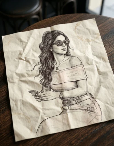 Hand-Drawn Coffee Shop Sketch Portrait on a Wooden Table