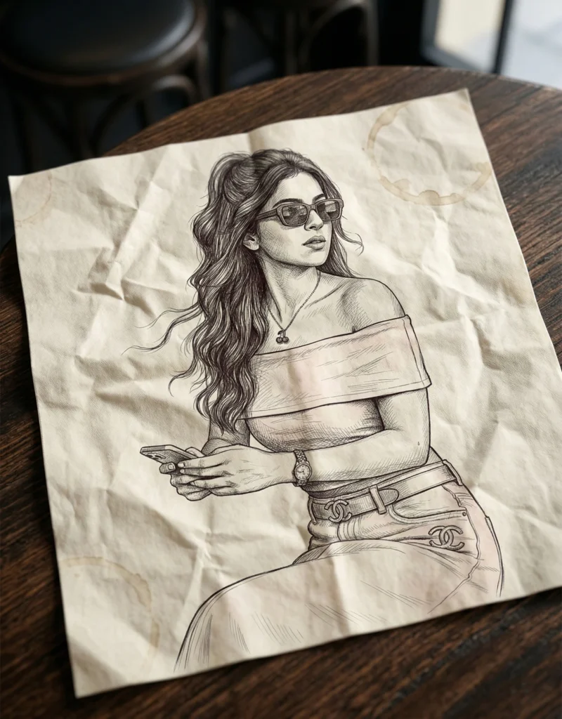 Hand-Drawn Coffee Shop Sketch Portrait on a Wooden Table