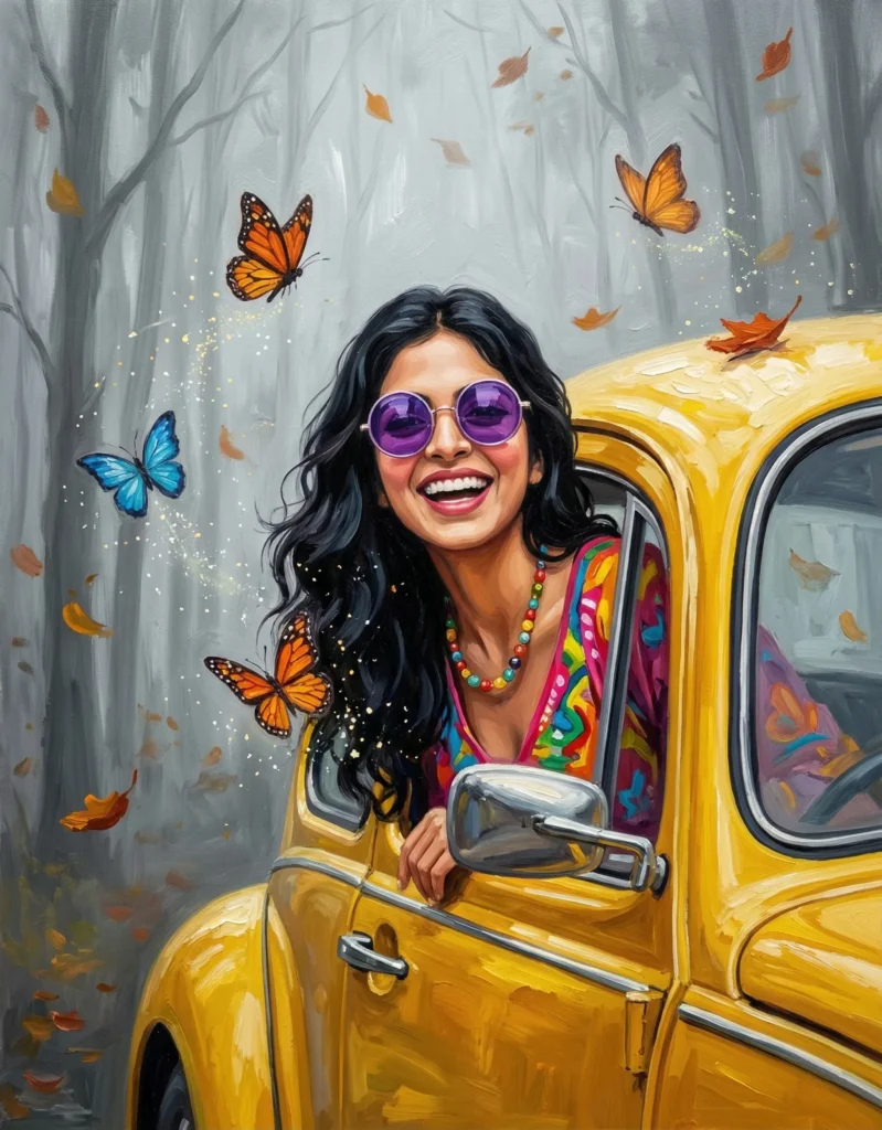Magical Realism Oil Painting of Joyful Woman in Yellow Beetle