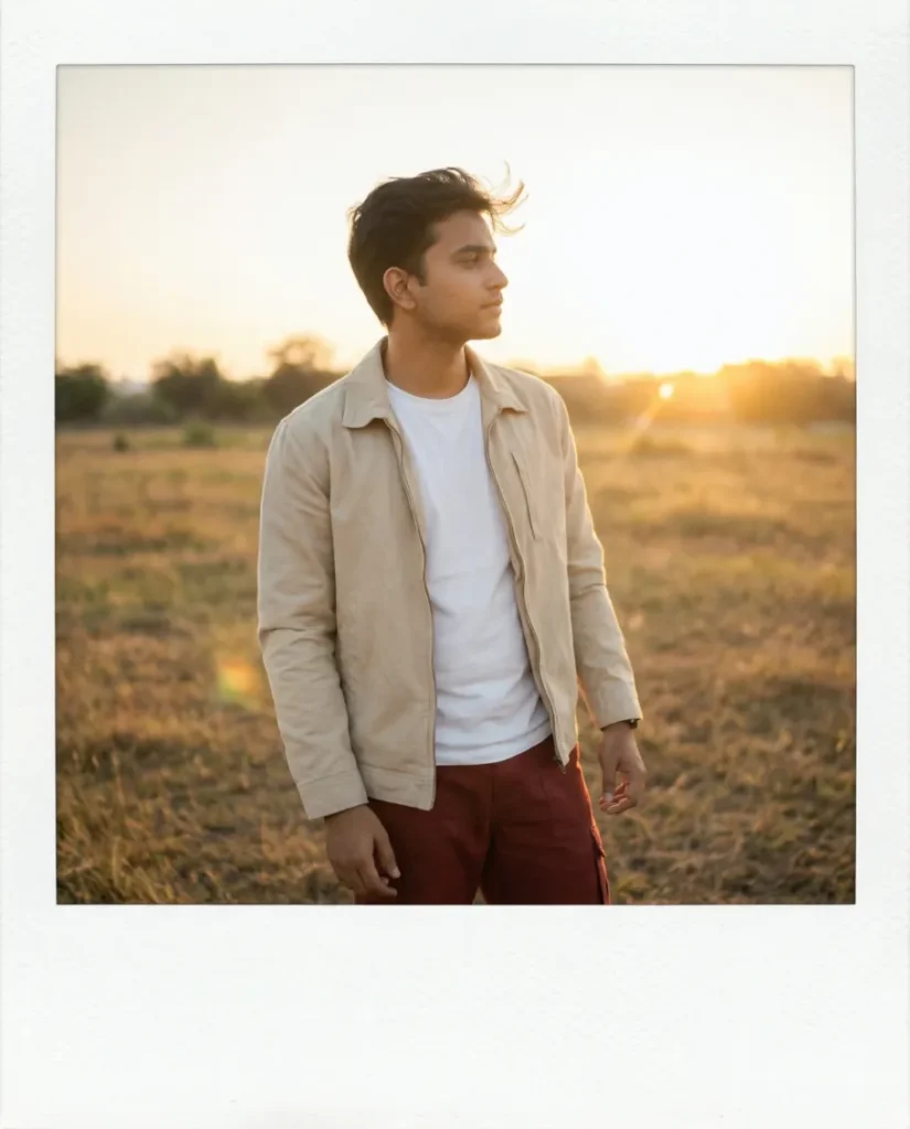 Outdoor golden hour polaroid portrait of a young man with a vintage film aesthetic, created using a Gemini polaroid prompt