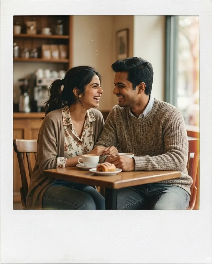 A nostalgic, faded Polaroid photo of a couple sharing a candid laugh across a small table inside a cozy, warmly lit café.