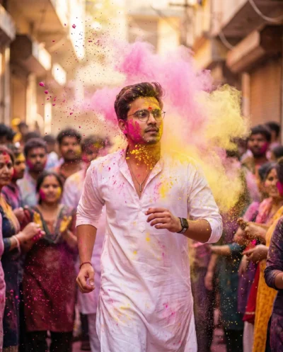 Rangwali Holi Action Portrait in a Sunlit Alley