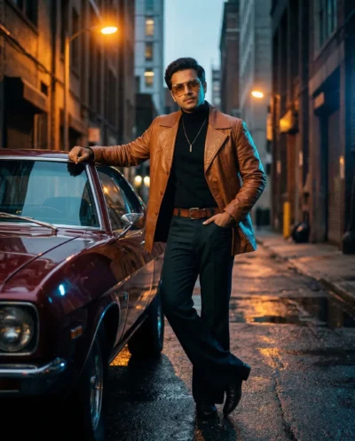 Retro Cinematic Portrait Prompt with 1970s Muscle Car Alleyway