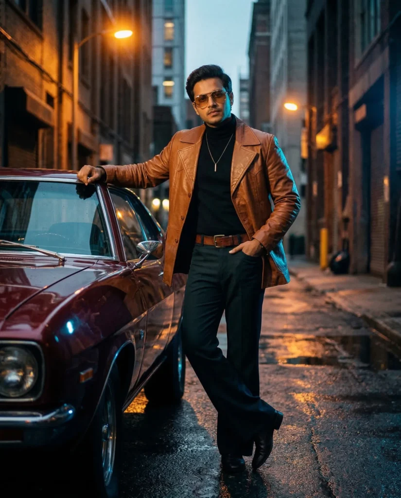 Retro Cinematic Portrait Prompt with 1970s Muscle Car Alleyway