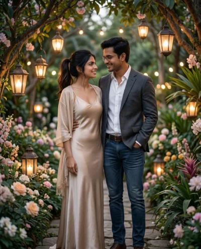 AI-generated image: Romantic Garden Couple Prompt with Lanterns and Fantasy Realism 3D Style