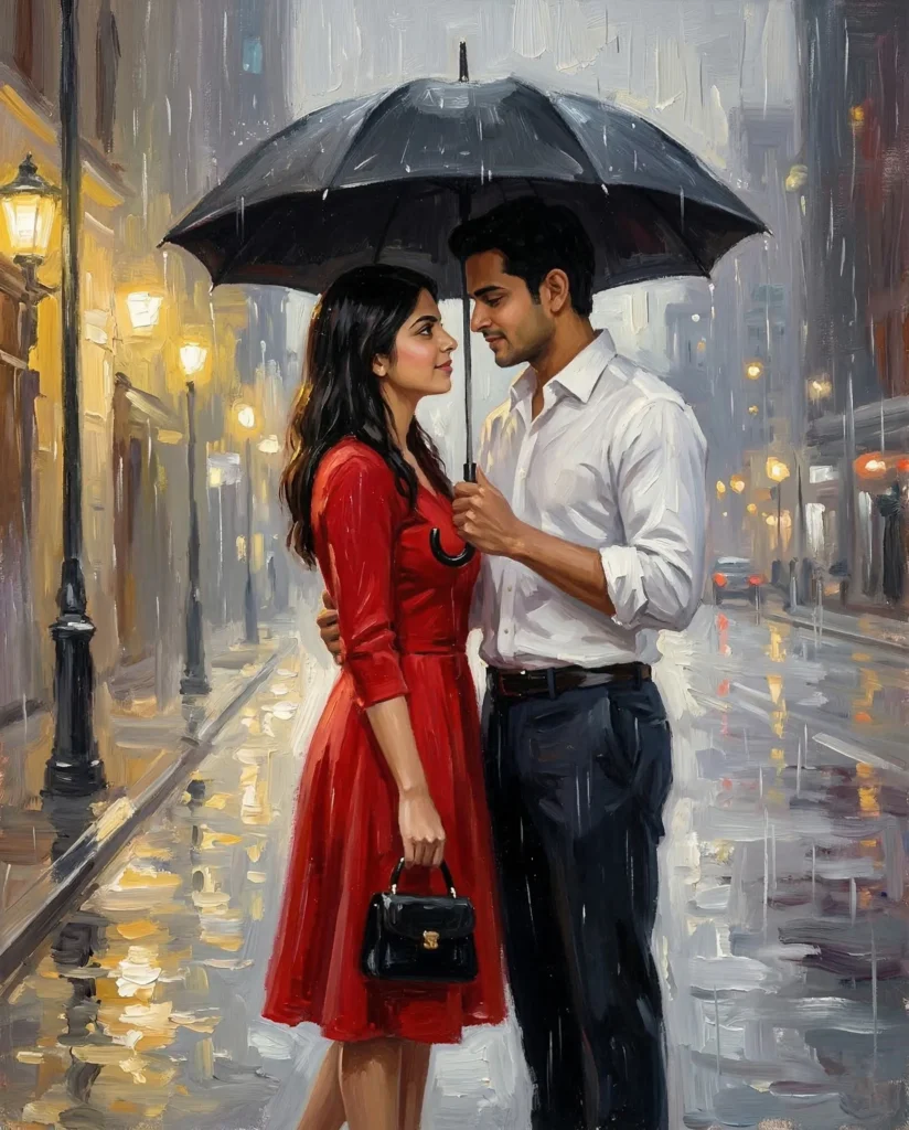 Romantic Rain Portrait – Close-up Couple Under One Umbrella
