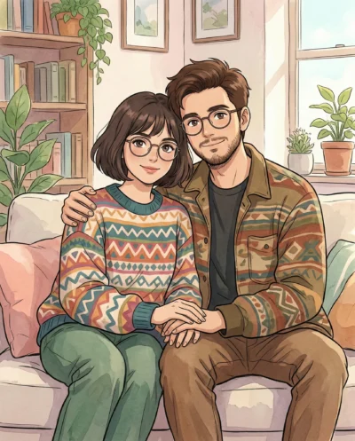 AI-generated image: Studio Ghibli Couple Illustration on a Cozy Sofa