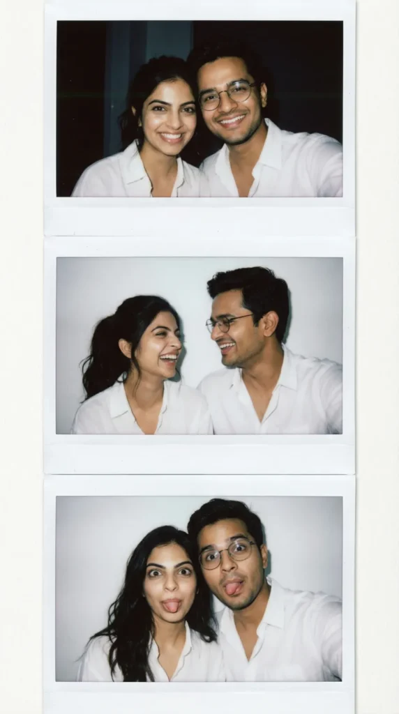 Three stacked polaroid photos of a young couple laughing and posing, formatted for Instagram stories using a Gemini prompt