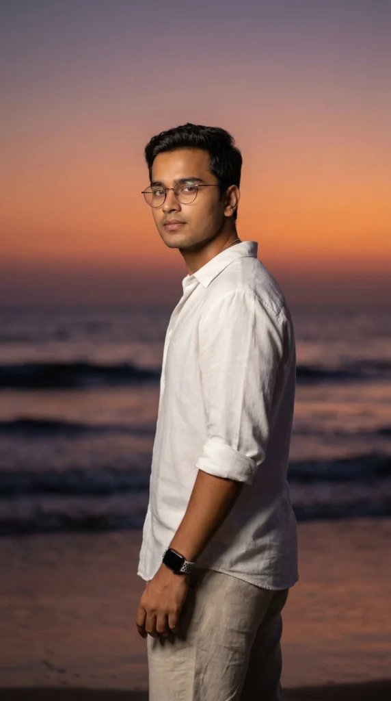 Ultra-Realistic Male Portrait Prompt – Cinematic Beach Sunset