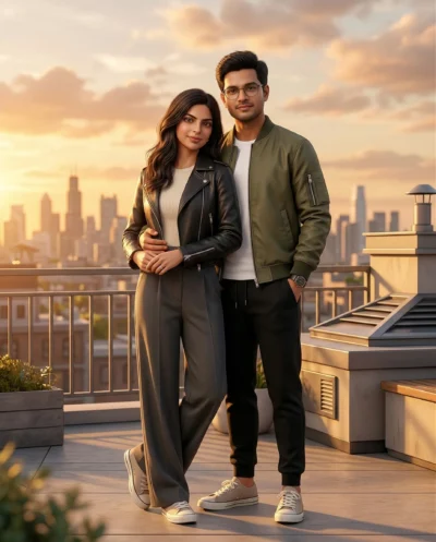 AI-generated image: Urban Rooftop Couple at Sunset – Stylized 3D Realism Prompt