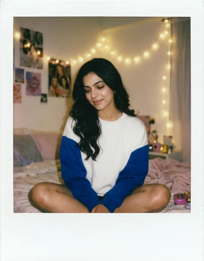Vintage Y2K style polaroid image of a young person sitting on a bed, generated with a Gemini AI prompt