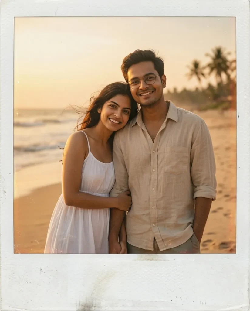A vintage Polaroid-style photo of a casually dressed couple standing together on a beach at golden hour, with soft lighting and blurred ocean waves in the background.