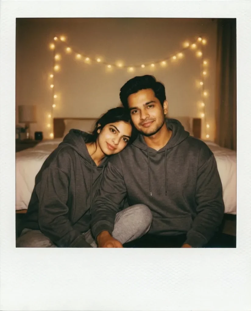 A softly lit Polaroid photo of a couple wearing matching oversized hoodies, sitting close together in a bedroom decorated with warm fairy lights.