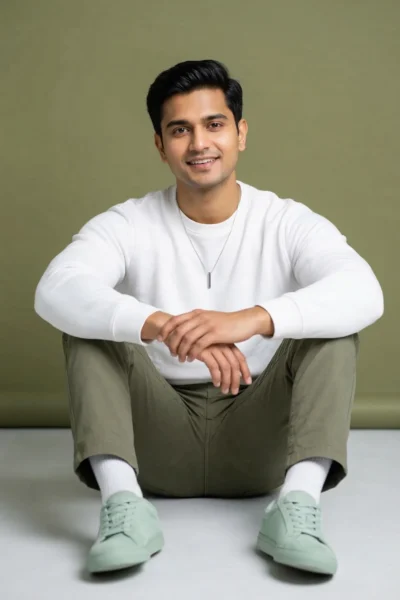 Minimalist Studio Portrait: Olive & White Tones Prompt