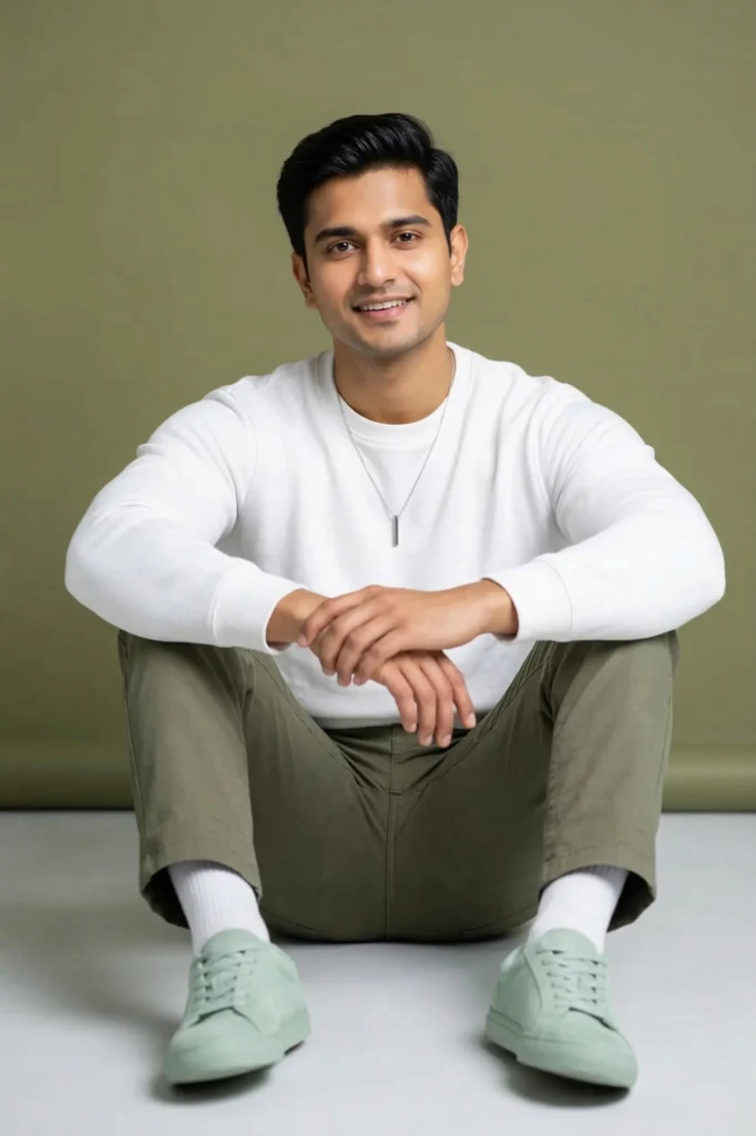 Minimalist Studio Portrait: Olive & White Tones Prompt