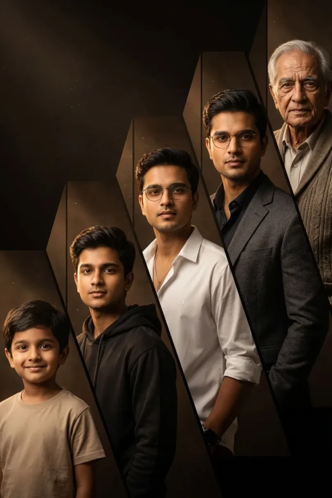 Life Stages Prompt: Cinematic Multi-Panel AI Portrait