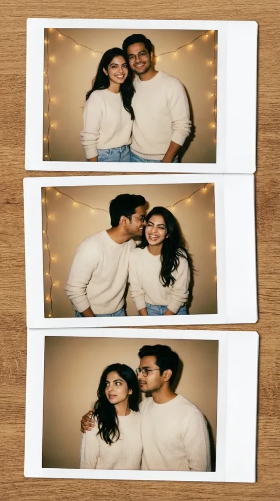 A vertical layout of three stacked Polaroid photos showing the same couple in a cozy room, capturing them smiling, whispering, and looking away candidly.