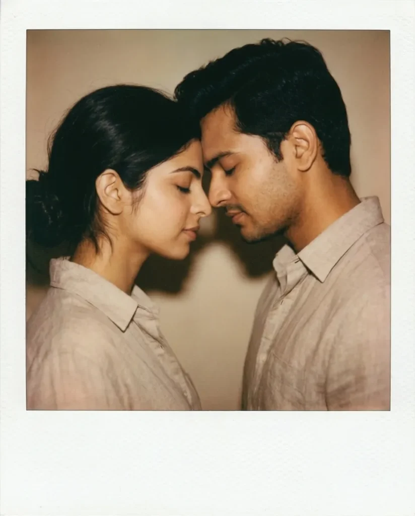 A close-up vintage Polaroid portrait of a couple with their foreheads gently touching and eyes softly closed against a warm, neutral background.
