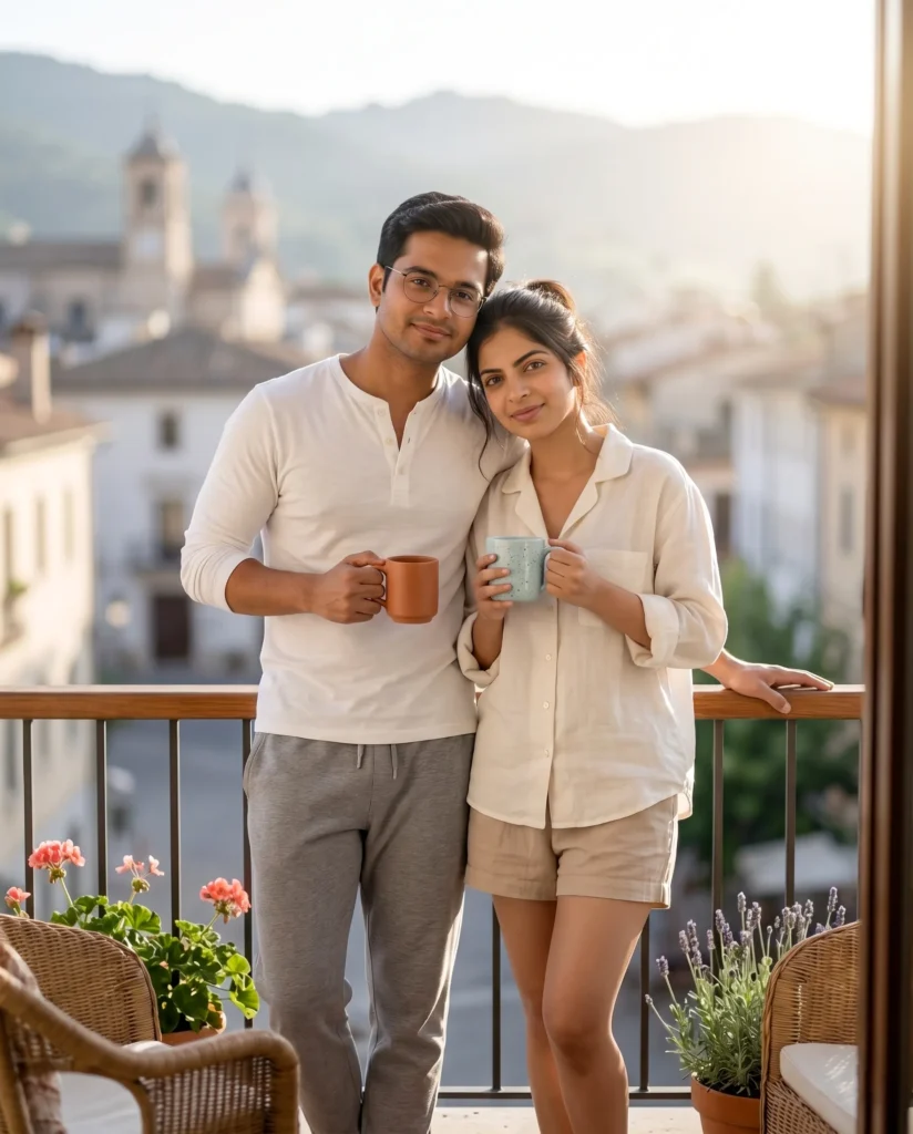 Peaceful Morning Coffee: A Portrait of a Couple on Their Balcony