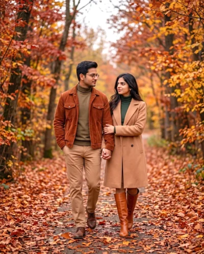 AI-generated image: Autumn Couple Editorial Photo on Leaf-Covered Path
