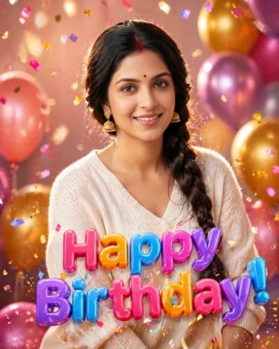 AI-generated image: ChatGPT Birthday Studio Portrait with Confetti and Balloons