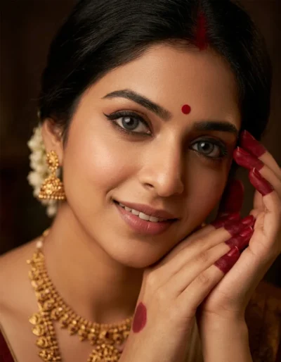 Cinematic Indian Woman Portrait with Alta and Gold Jewelry