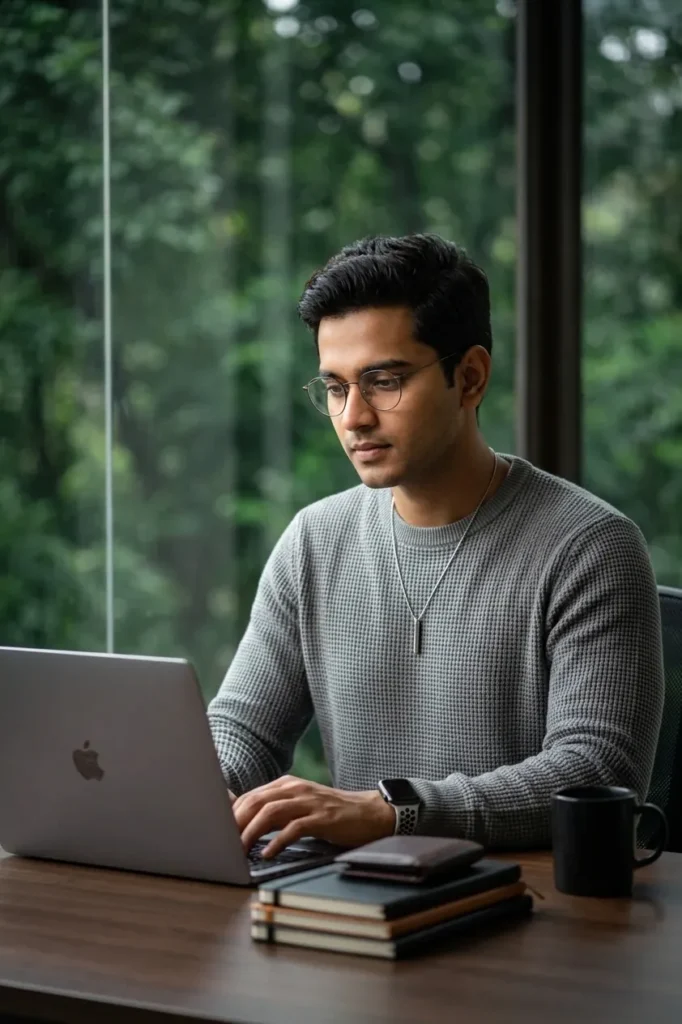 Cinematic Laptop Portrait Prompt: Realistic AI Workspace