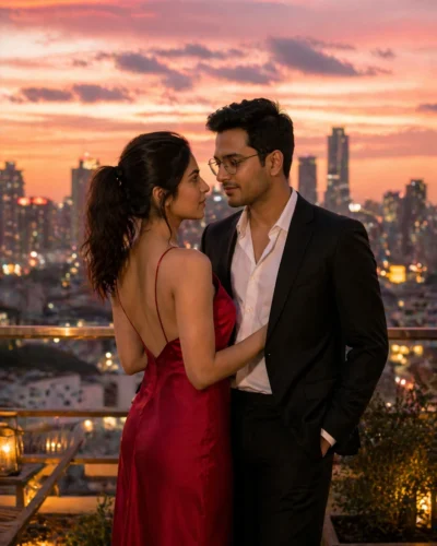 Cinematic Rooftop Couple at Sunset in City Lights