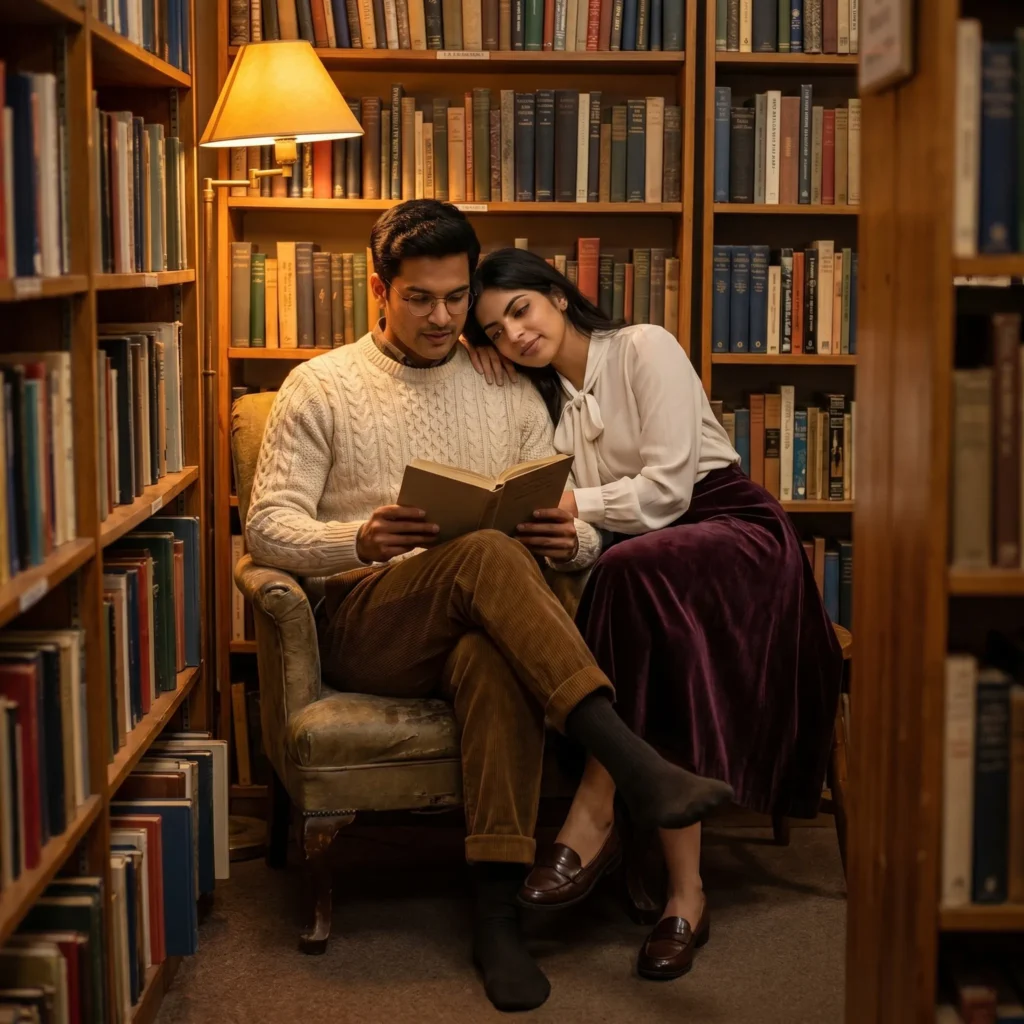Cozy Bookshop Couple AI Prompt: Vintage Reading Nook