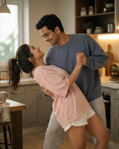 AI-generated image: Cozy Couple Dancing in Kitchen with Warm Golden Light