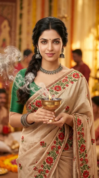 Cinematic Indian Festive Portrait: Dhunuchi Smoke AI Prompt