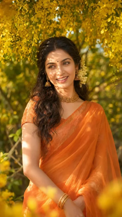 Elegant Orange Saree Portrait with Yellow Flower
