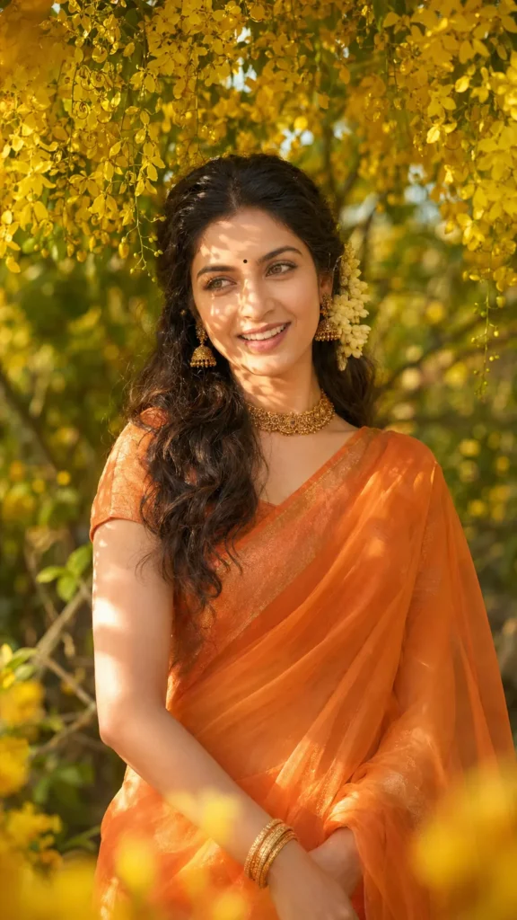 Elegant Orange Saree Portrait with Yellow Flower
