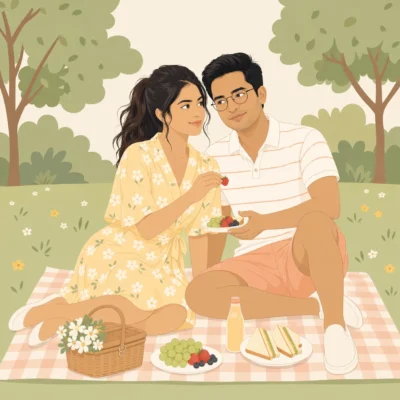 AI-generated image: Flat Picnic Illustration of a Couple in a Pastel Park
