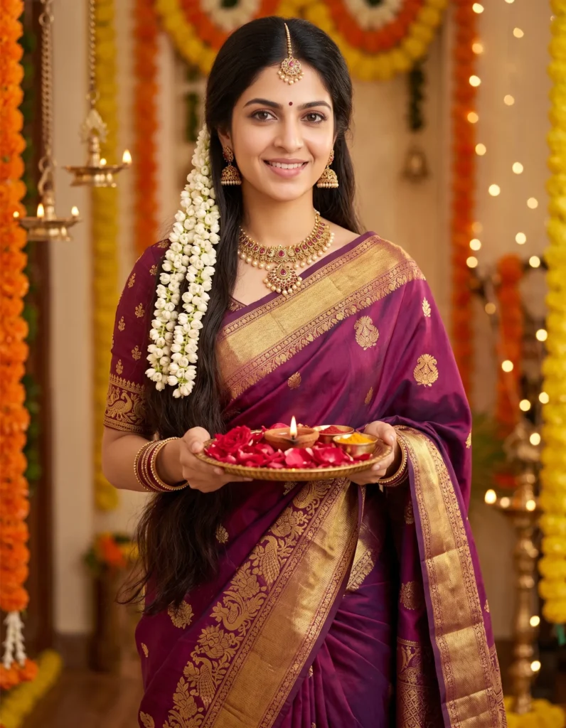 Kanjeevaram Saree Prompt: Woman in a Royal Maroon Silk Saree