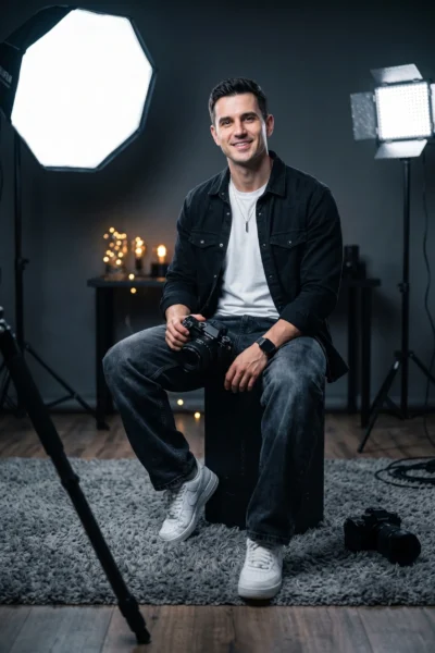 Male Photographer Studio Portrait: 35mm Cinematic Prompt