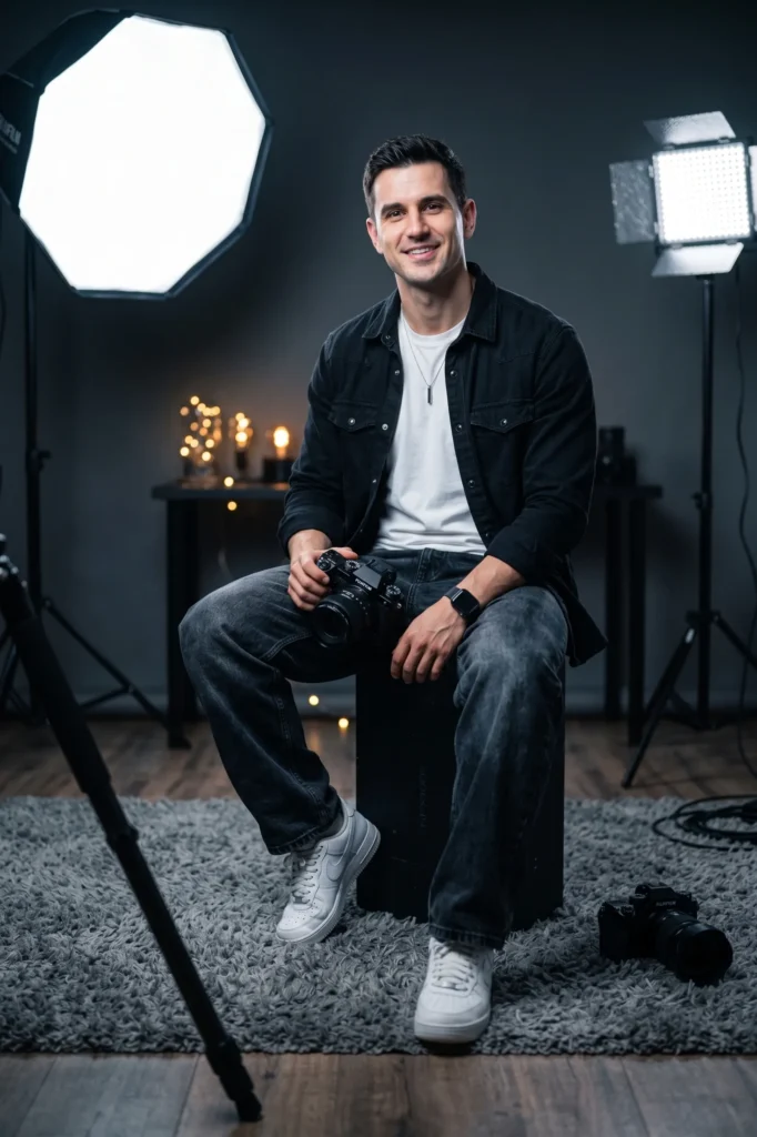 Male Photographer Studio Portrait: 35mm Cinematic Prompt