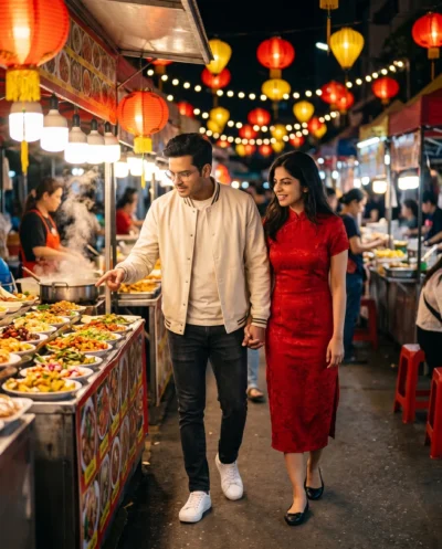 AI-generated image: Night Market Couple at Colorful Street Food Stall