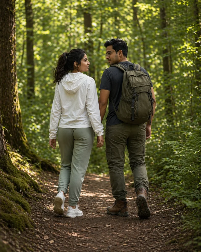 Outdoor Lifestyle Couple Portrait on a Mossy Forest Trail