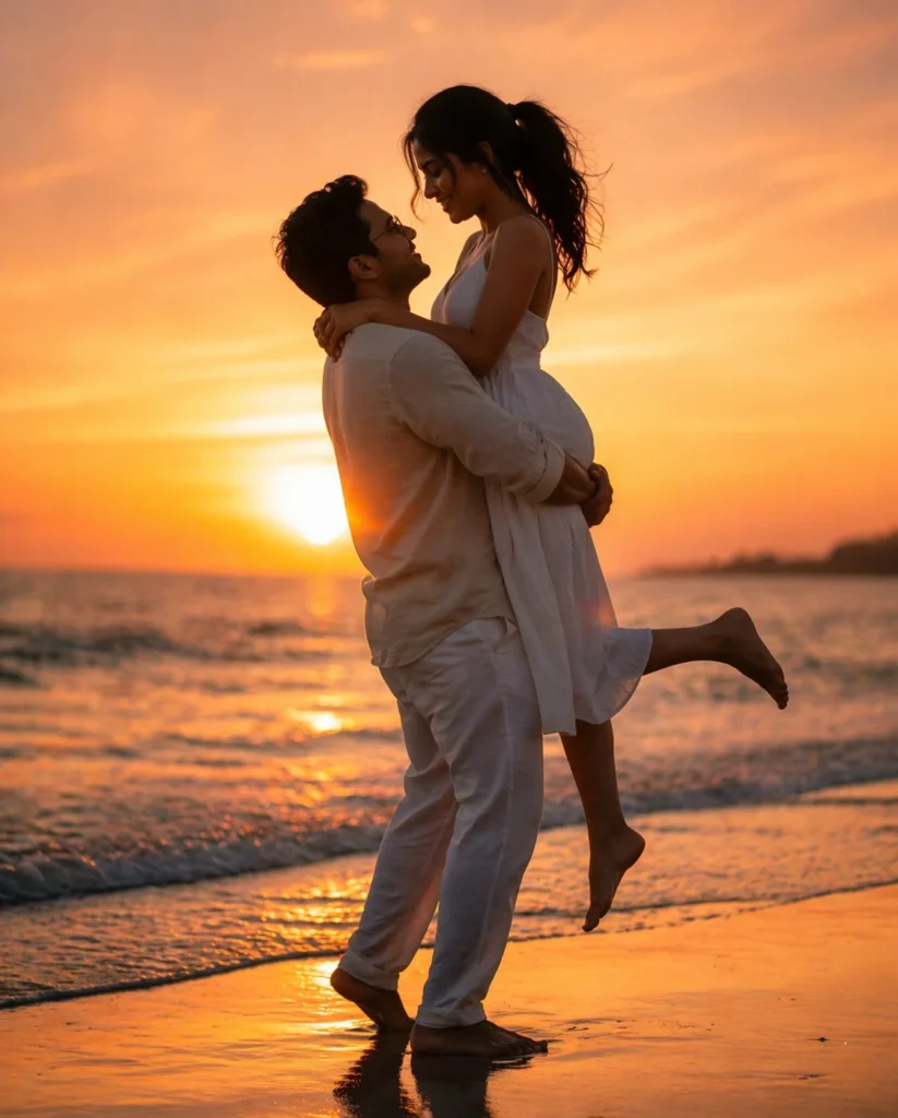 Romantic Sunset Couple Silhouette on the Beach