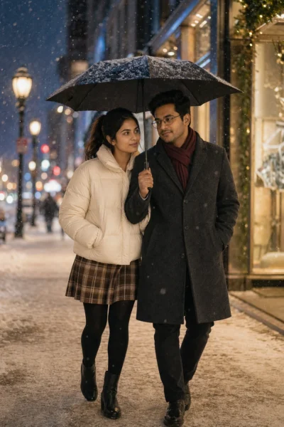AI-generated image: Romantic Winter Couple Walking Under Umbrella at Night