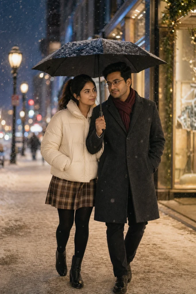Romantic Winter Couple Walking Under Umbrella at Night