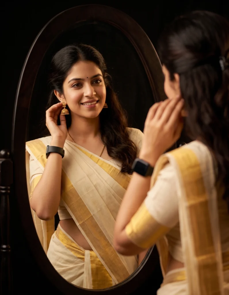 Warm Mirror Portrait in Kerala Kasavu Saree