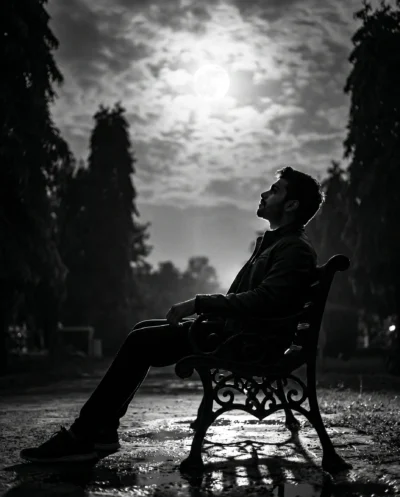 AI-generated image: Black and White Portrait Prompt: Moonlit Solitude