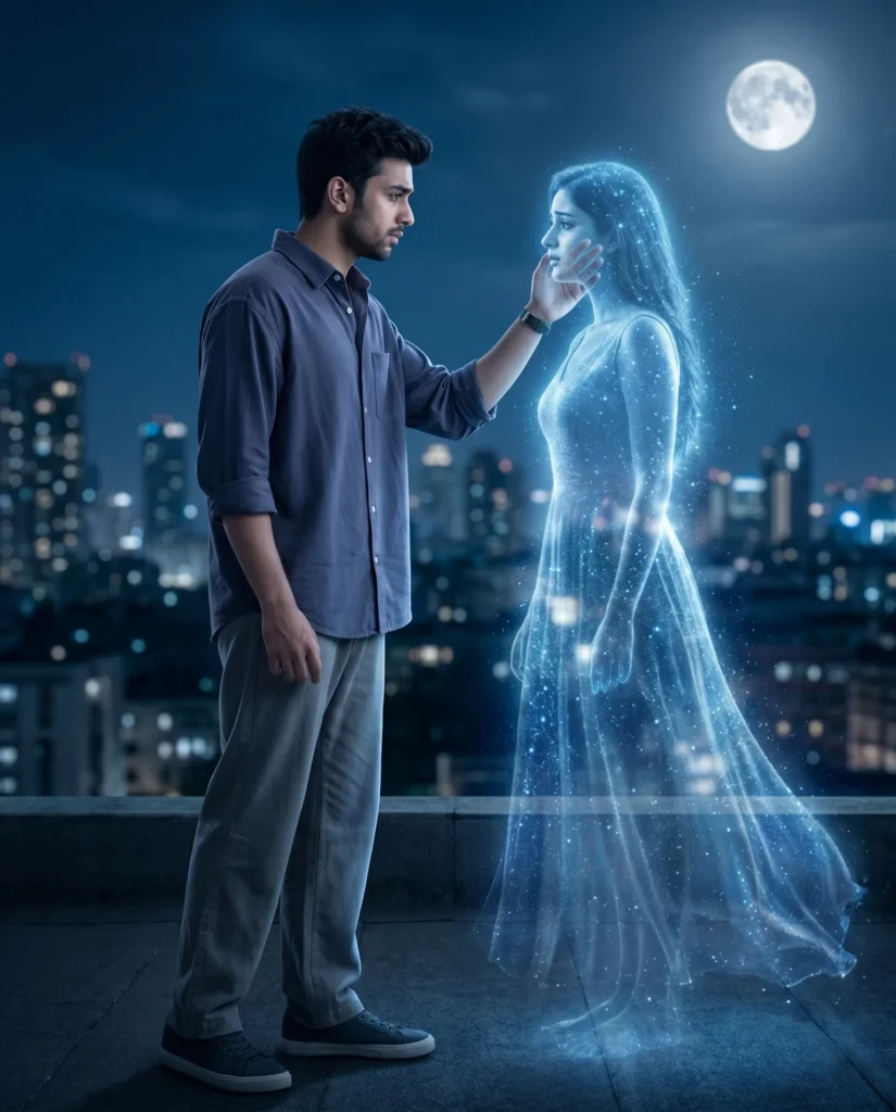 Cinematic Incomplete Love Story Prompt: Night City Rooftop
