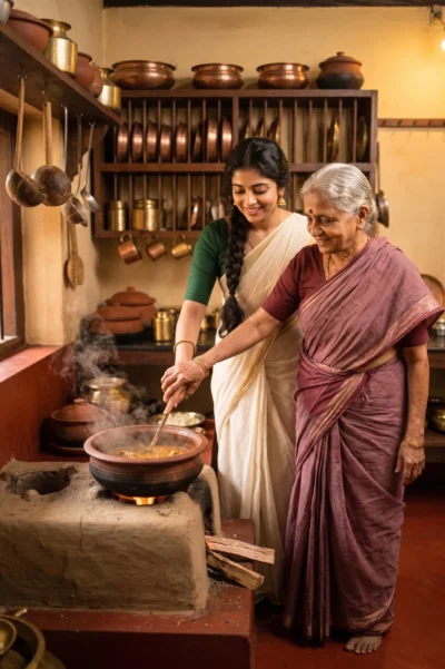 Cinematic Kerala Kitchen AI Prompt: Cooking with Grandmother