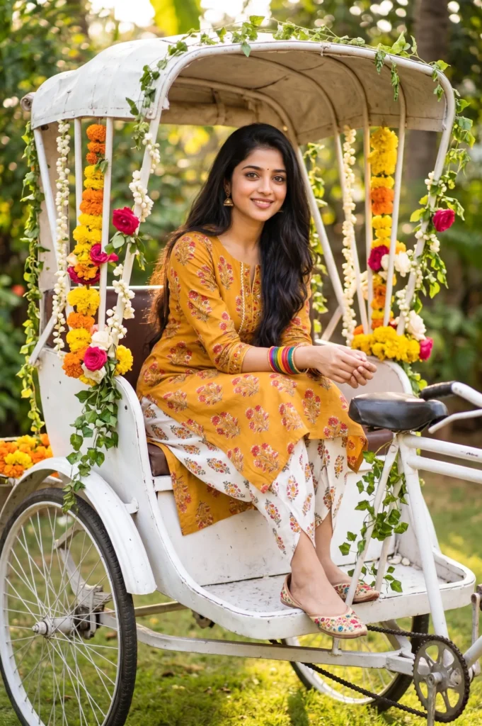 Cute Girl in Rickshaw Prompt: Vibrant Garden Portrait