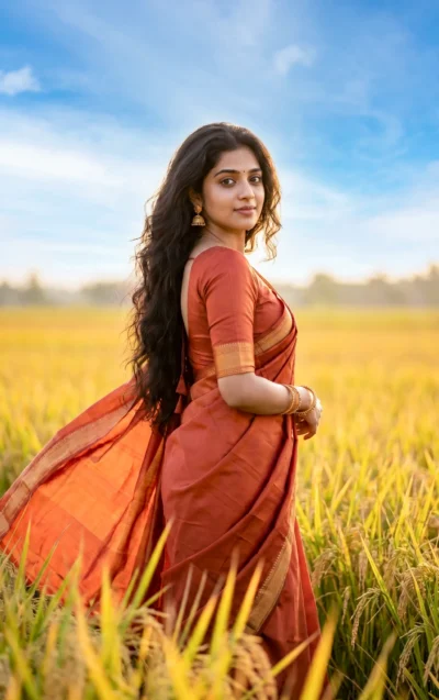 AI-generated image: Golden Hour Saree Portrait in Lush Rice Fields (Gemini Prompt)
