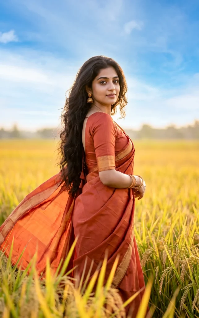 Golden Hour Saree Portrait in Lush Rice Fields (Gemini Prompt)
