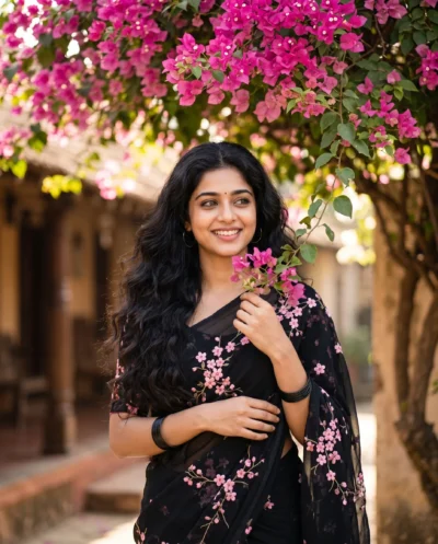 AI-generated image: Heartwarming Floral Saree Portrait Prompt: Bougainvillea Beauty